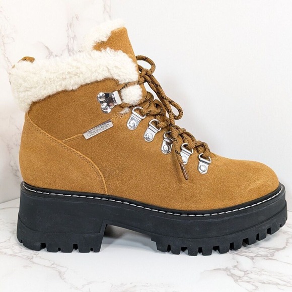 NEW Calvin Klein Women's Kristel Leather Fur Collar Boot Light Brown Size 6.5 M - Picture 2 of 8